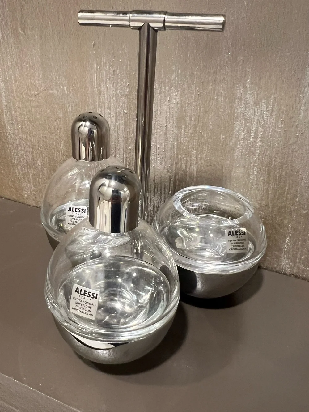 Alessi Stainless Steel and Crystal Glass Condiment Set